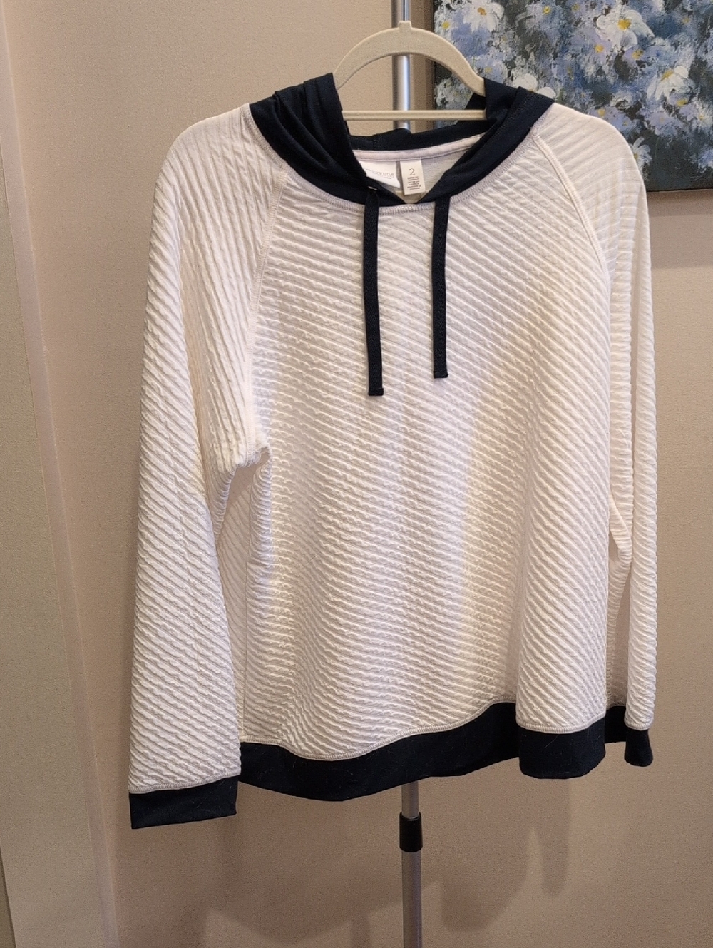 Chico's Textured White Hoodie with Navy Trim